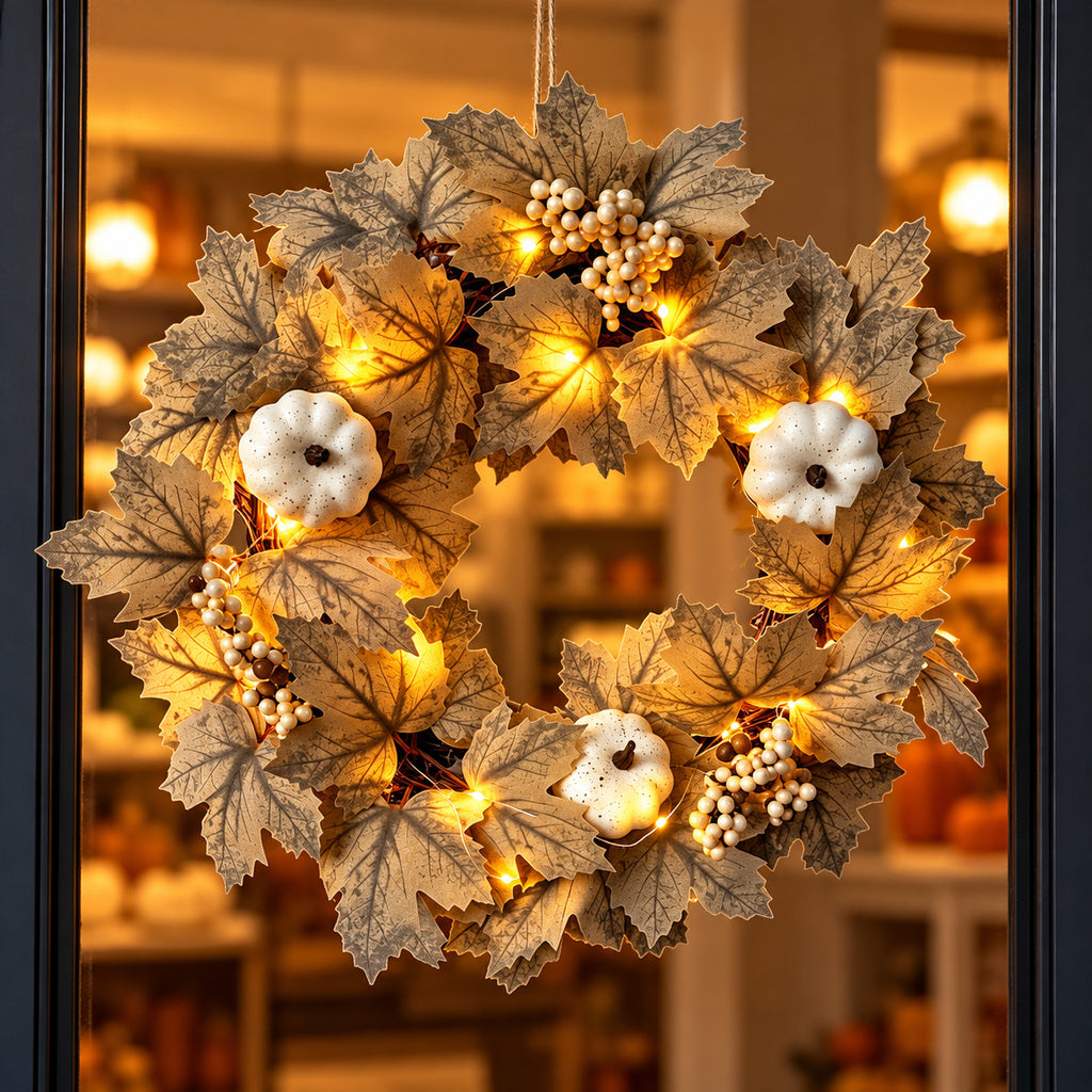 Pre-Lit White Pumpkin & Maple Leaf Autumn Wreath