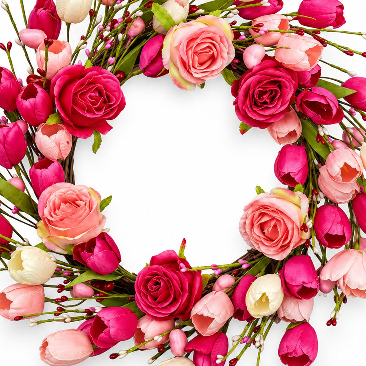 Pink Tulip & Rose Heart-Shaped Wreath