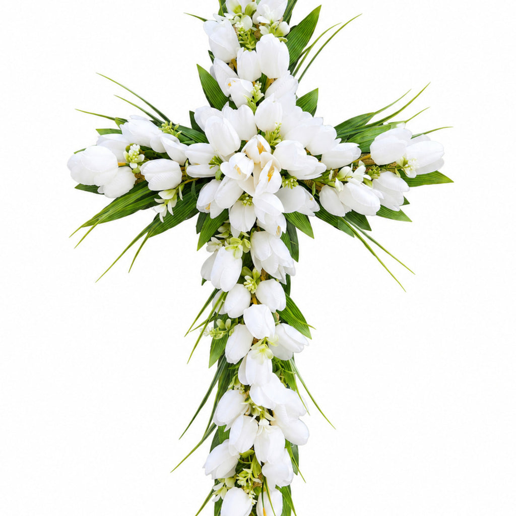 White Tulip Easter Cross Wreath