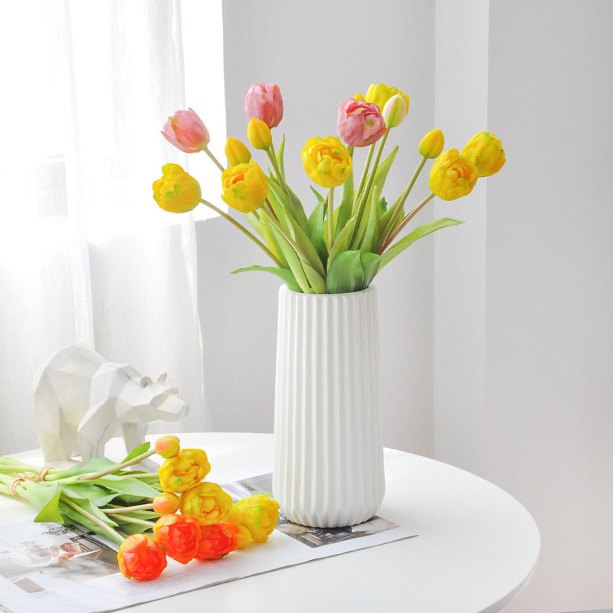 EVERIVELLE 15.7-Inch Five-Head Multi-Layer Soft-Touch Tulip Bouquet