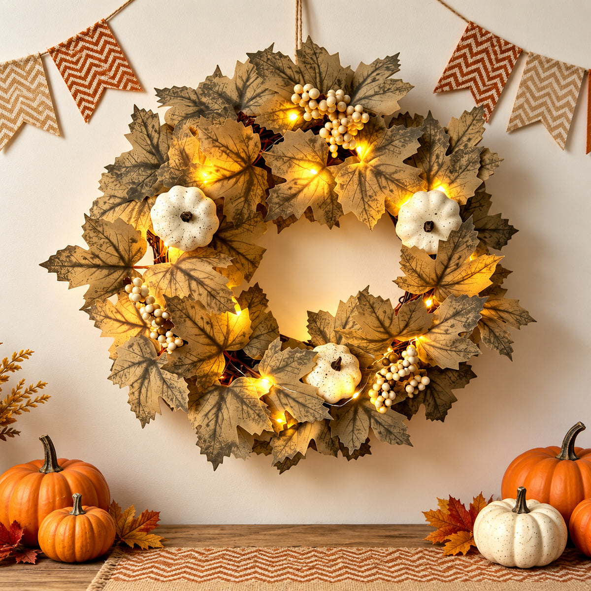 Pre-Lit White Pumpkin & Maple Leaf Autumn Wreath