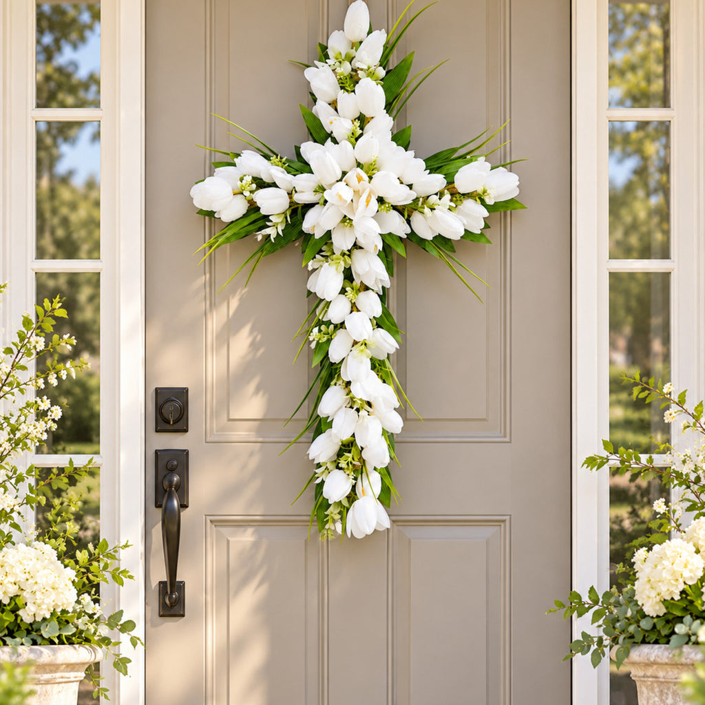 White Tulip Easter Cross Wreath