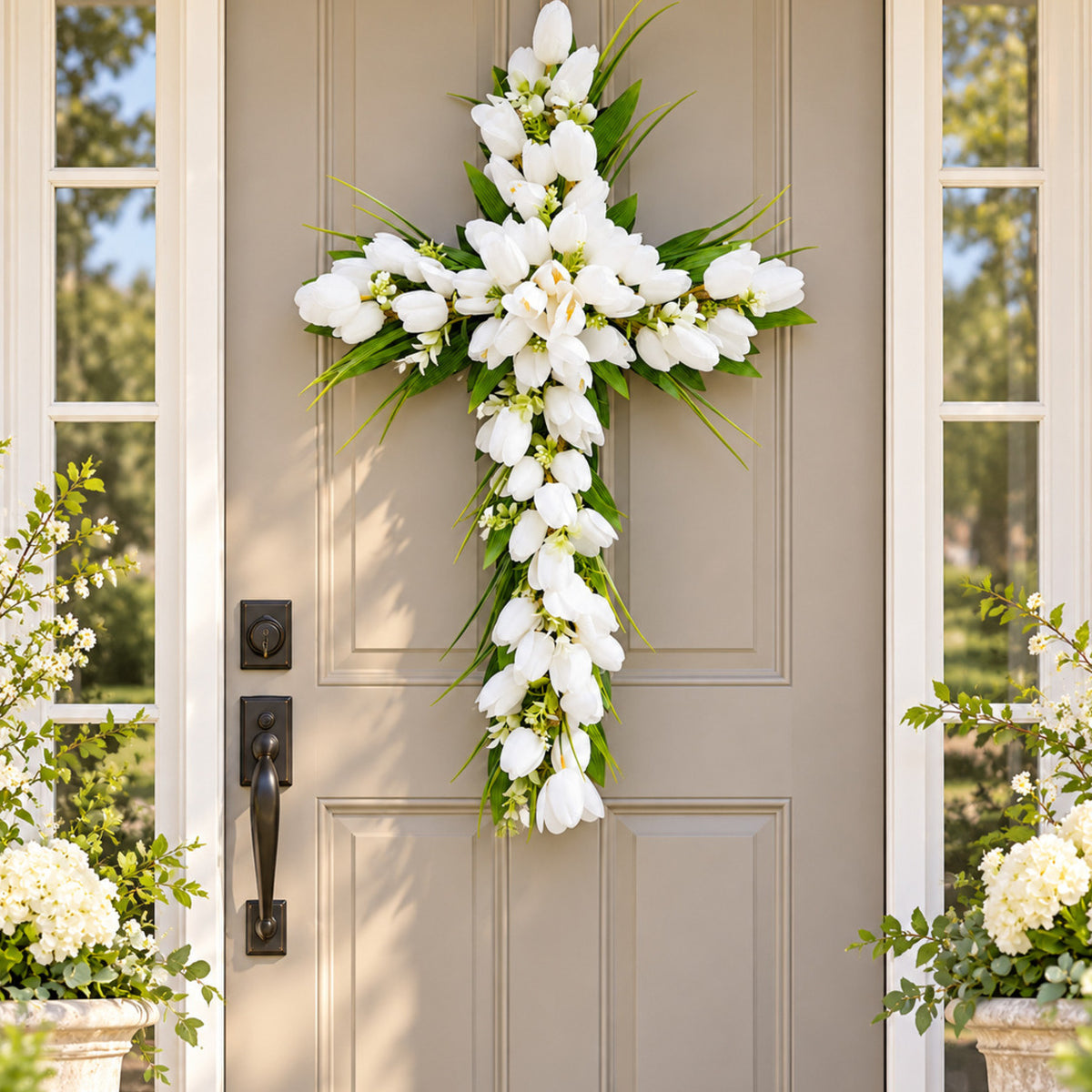 White Tulip Easter Cross Wreath