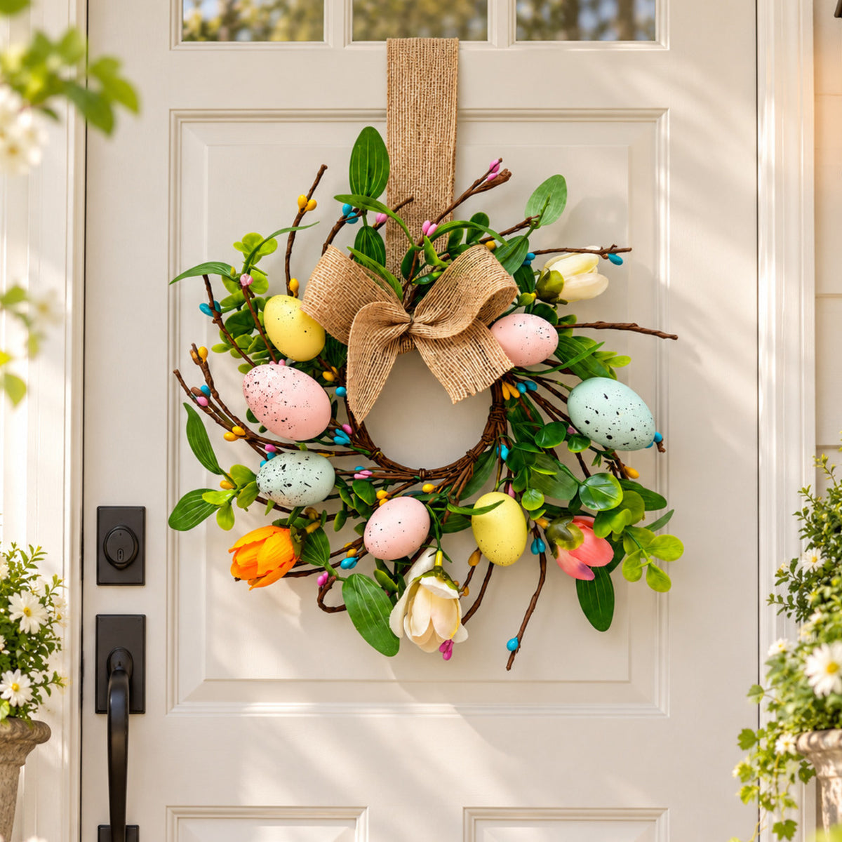 Easter Egg & Burlap Bow Hanging Wreath
