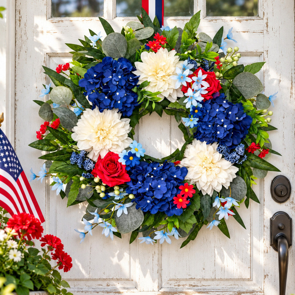 Red, White & Blue Hydrangea Patriotic Wreath