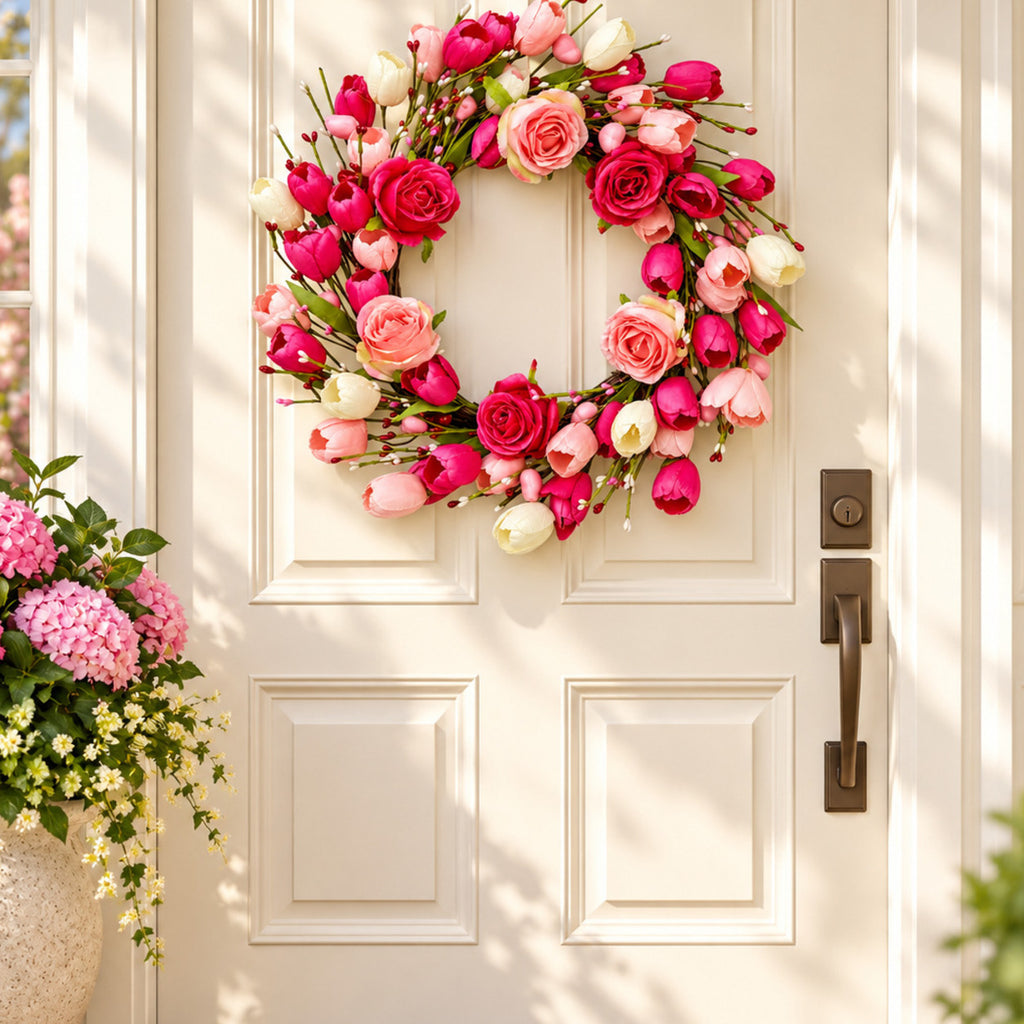 Pink Tulip & Rose Heart-Shaped Wreath
