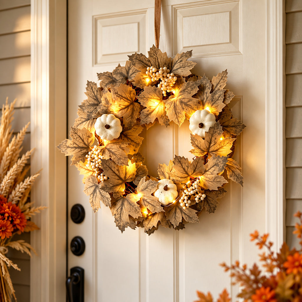 Pre-Lit White Pumpkin & Maple Leaf Autumn Wreath