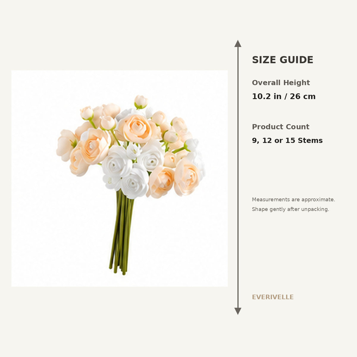 EVERIVELLE 10.2-Inch Artificial Ranunculus Bouquet — 9, 12 or 15 Stems