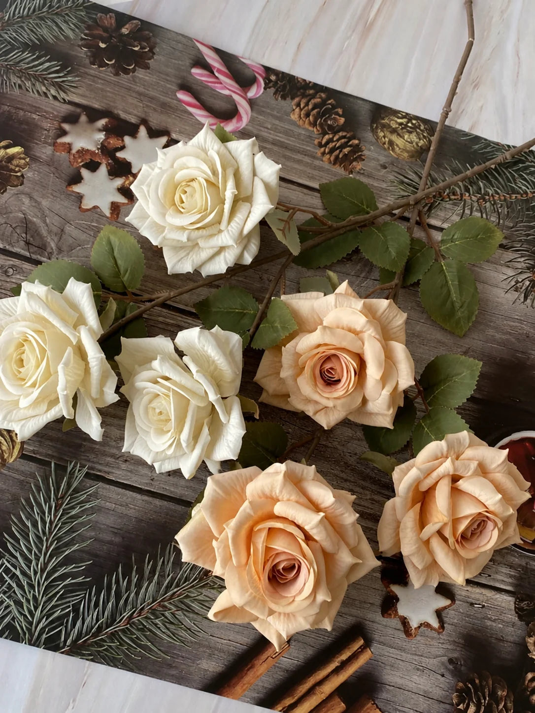 EVERIVELLE Three-Head Cappuccino Artificial Rose Spray