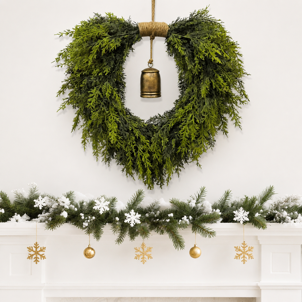Heart shaped cedar wreath christmas mantel