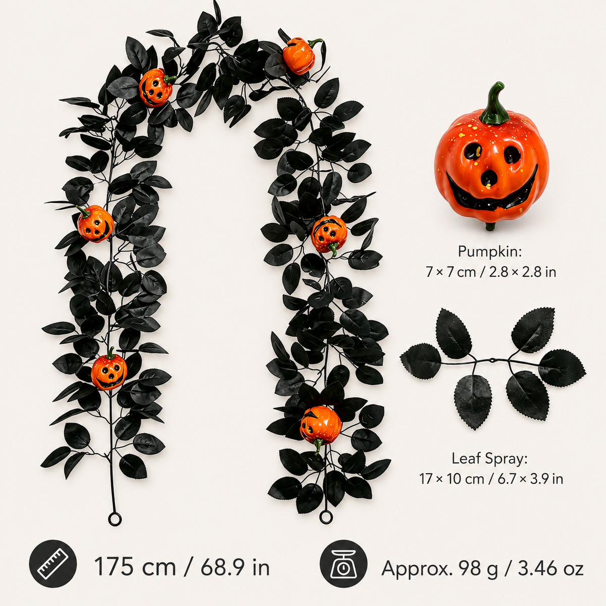 Jack o lantern black leaf garland 175cm specs