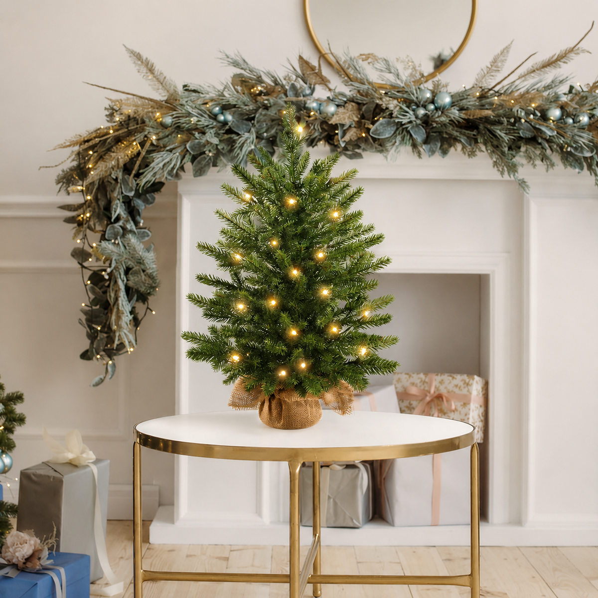 Mini christmas tree green lit console table