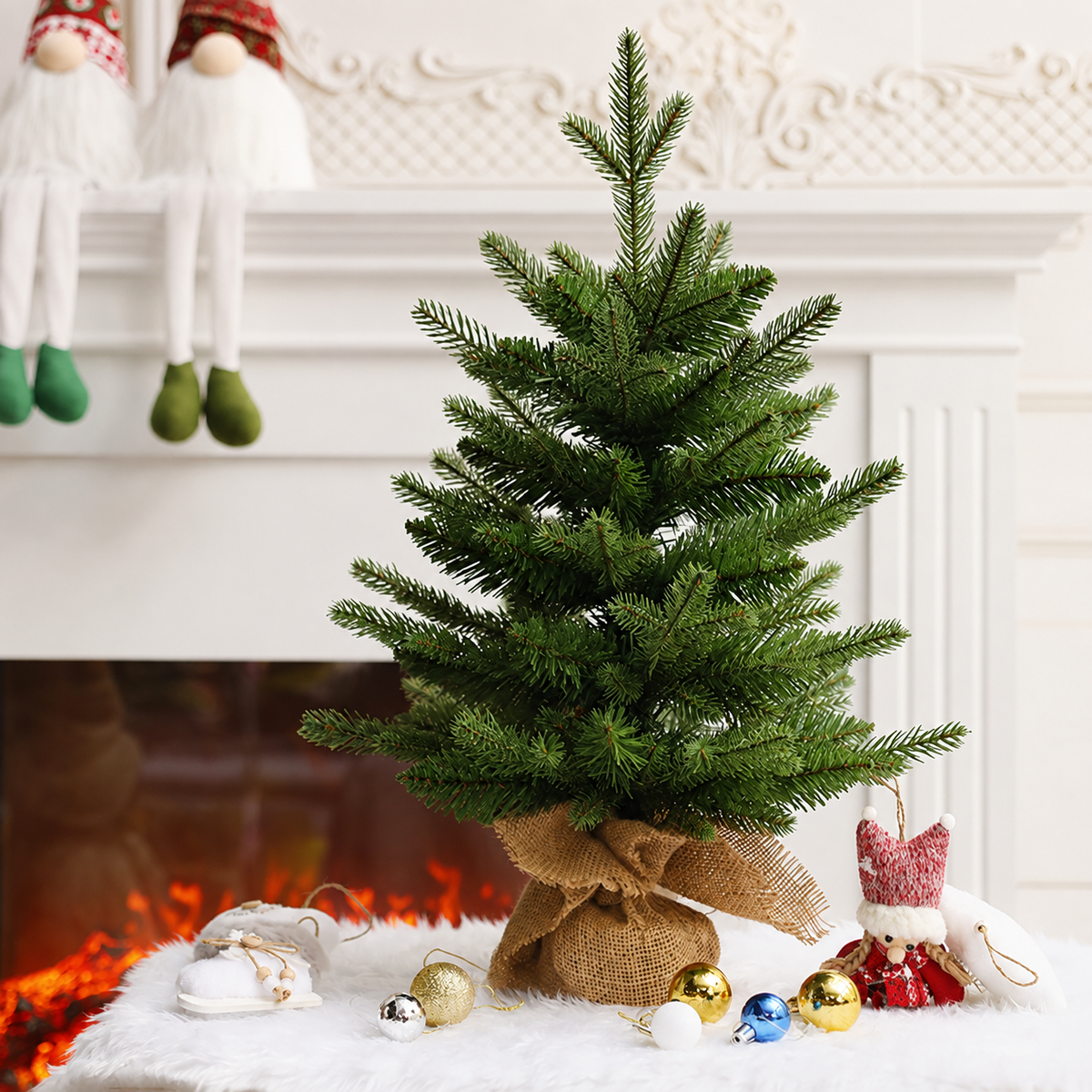 Mini christmas tree green unlit fireplace