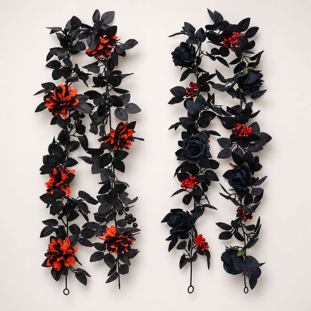 Orange flower and black rose garlands