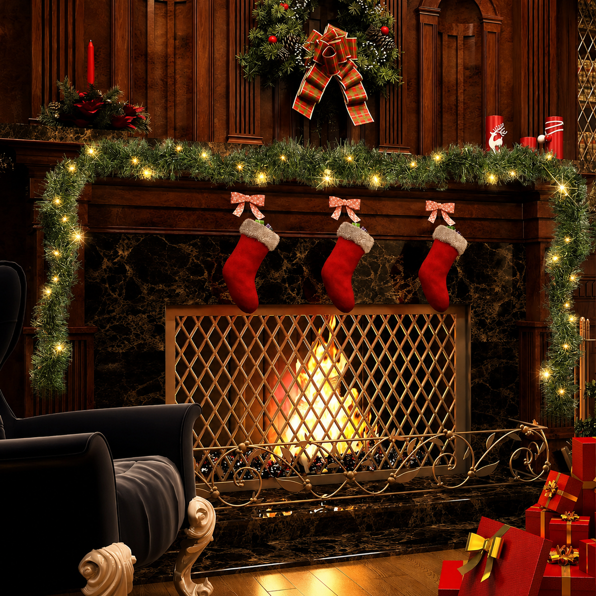 Pine garland lights fireplace