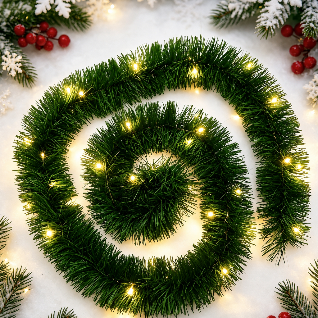 Pine garland lights winter flatlay