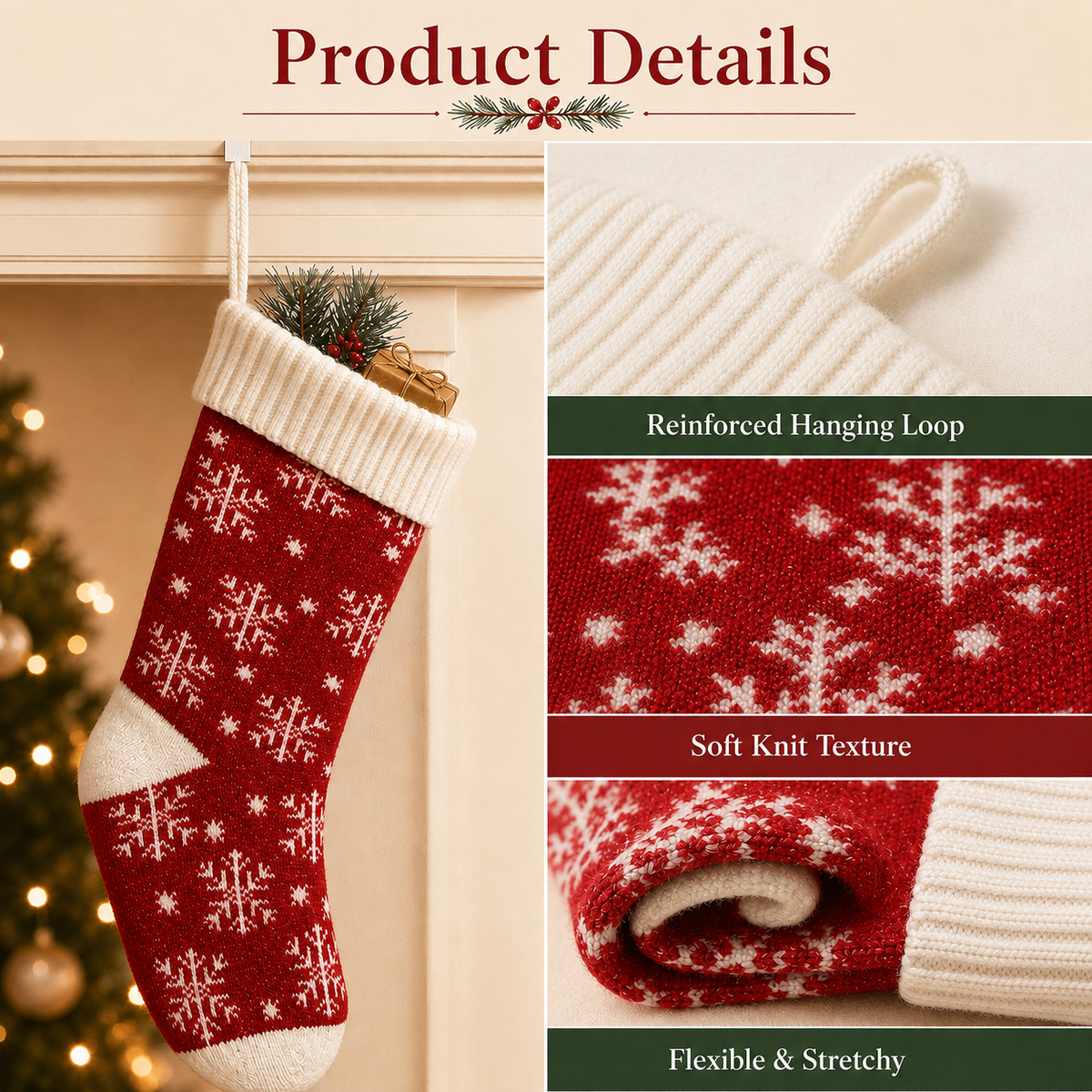 Red ivory snowflake stocking details