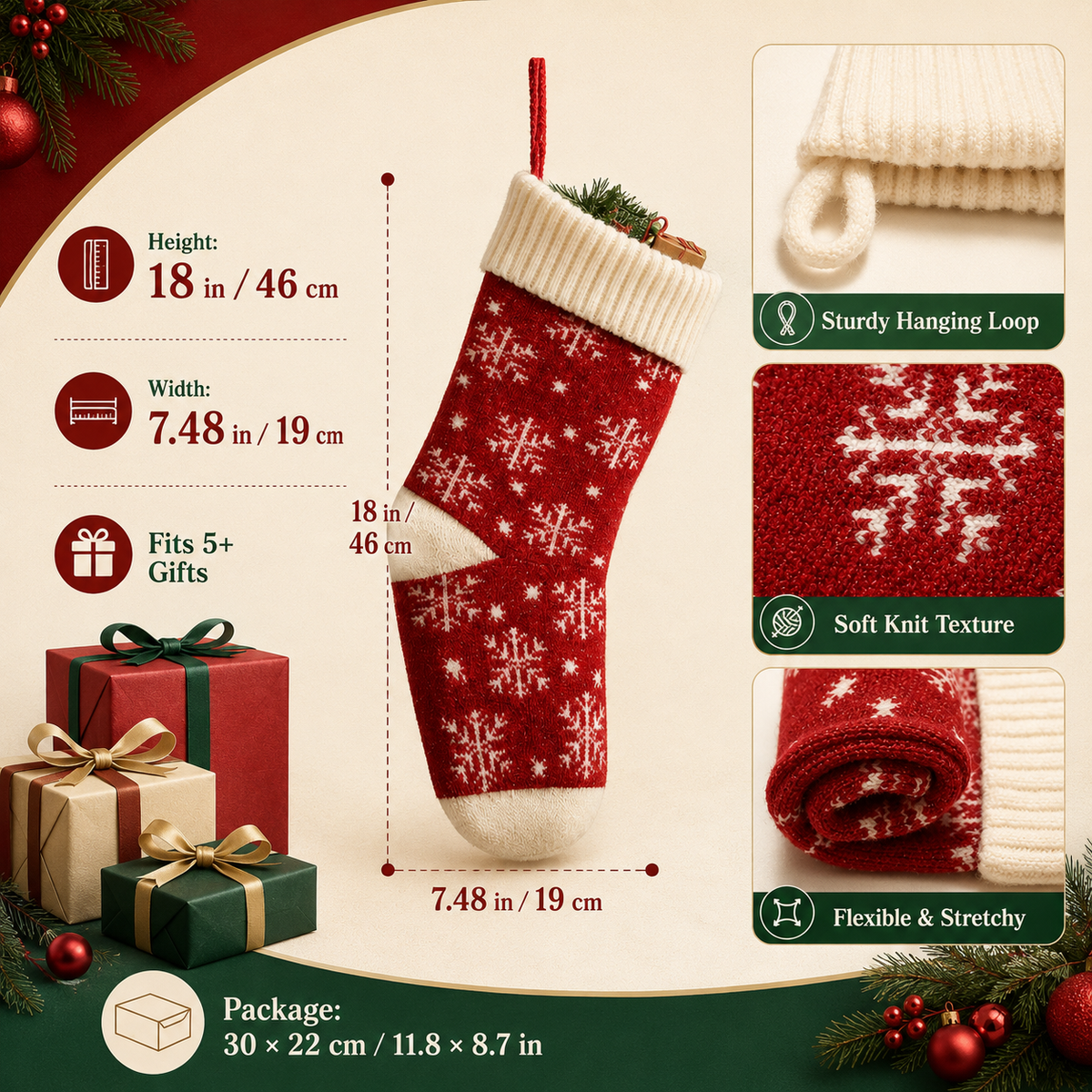 Red ivory snowflake stocking size features