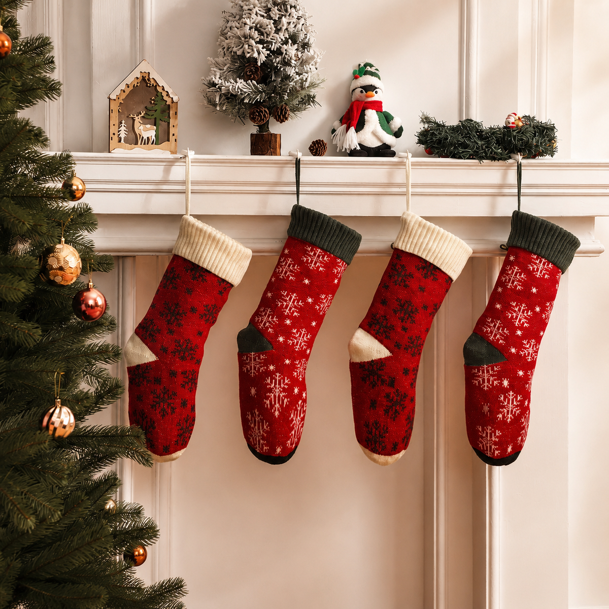 Snowflake knit stockings fireplace scene