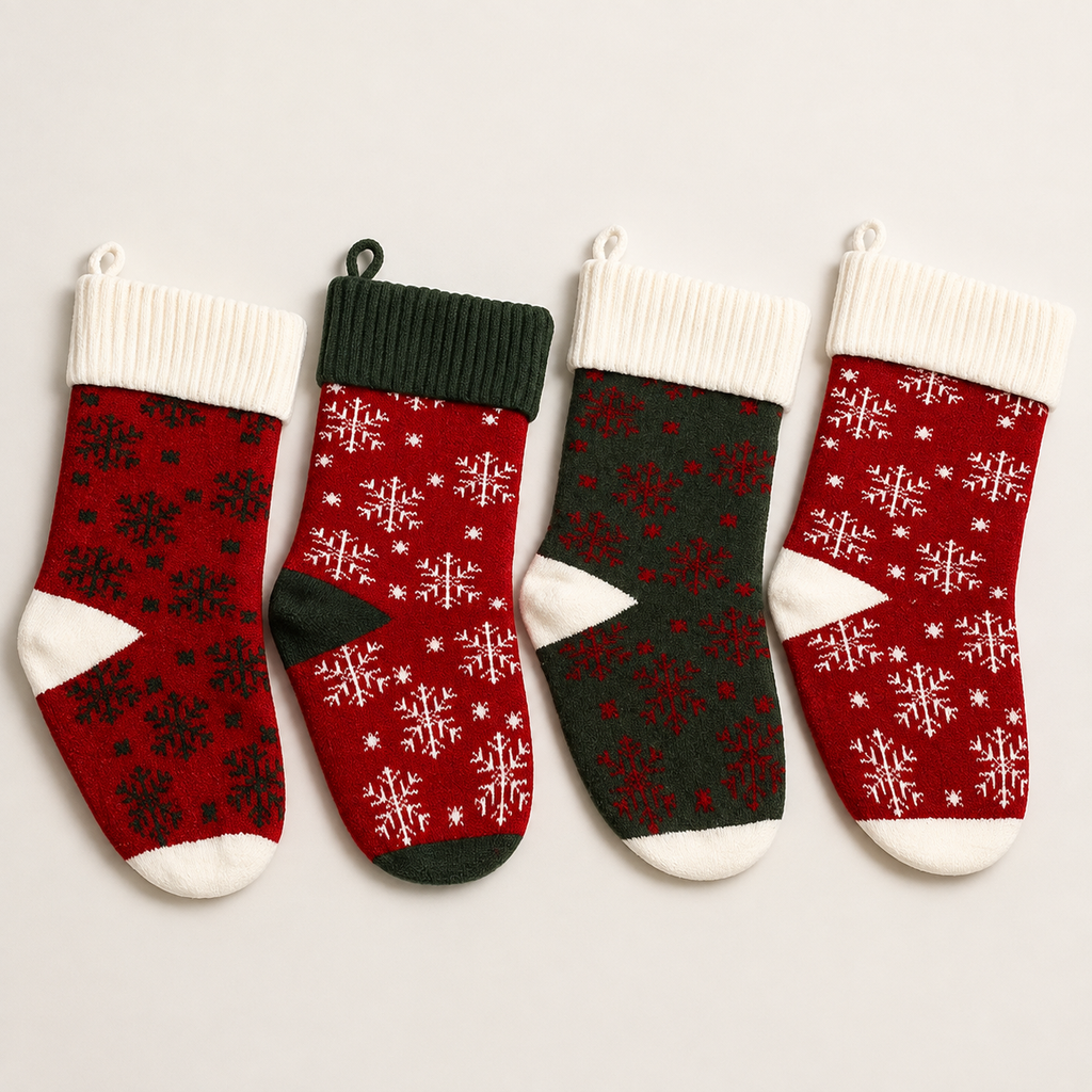 Snowflake knit stockings flat lay