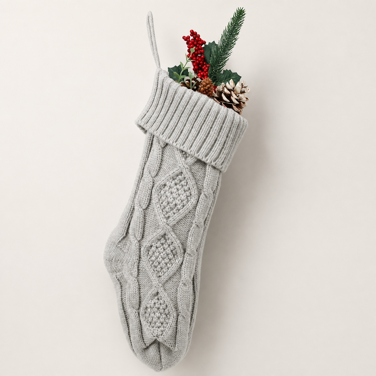 Soft gray diamond knit christmas stocking