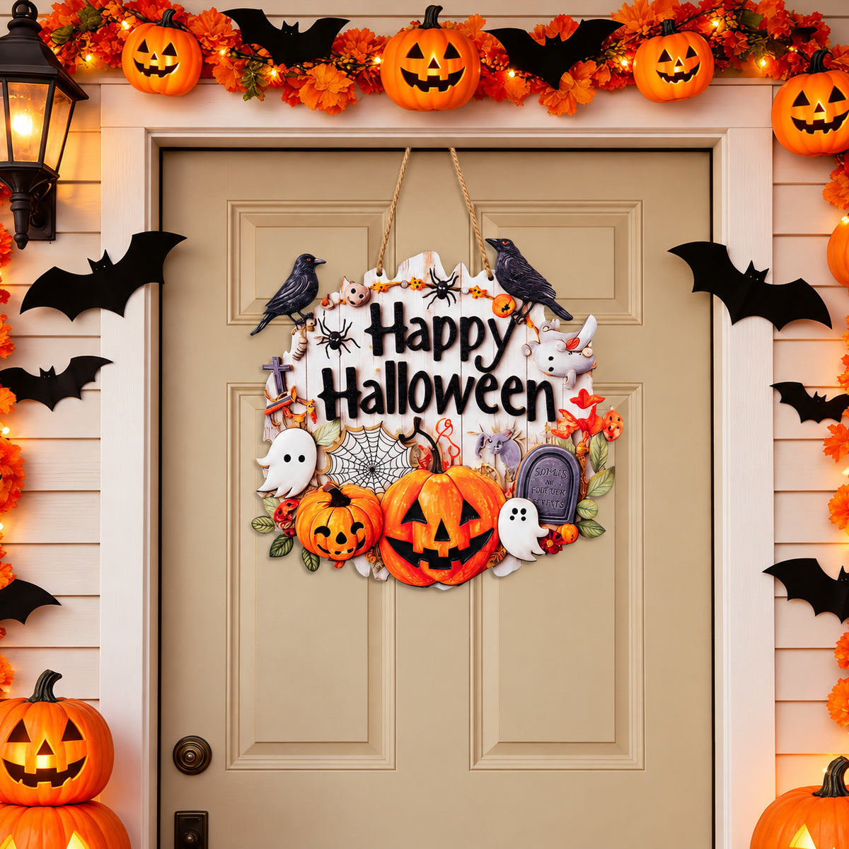 Halloween Pumpkin & Ghost Hanging Door Sign