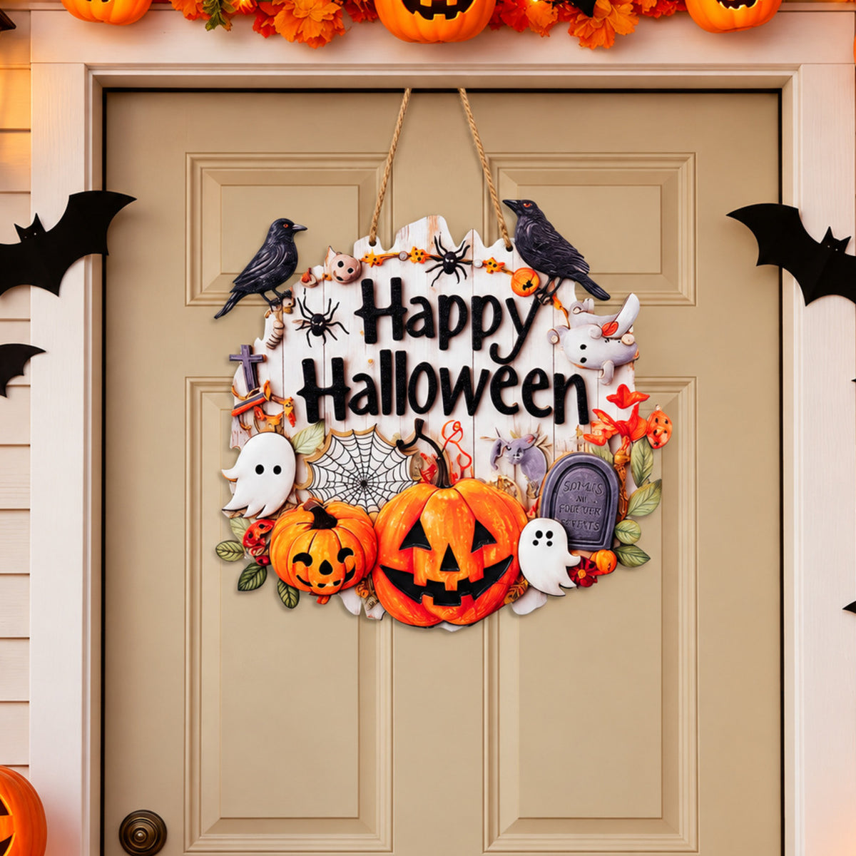 Halloween Pumpkin & Ghost Hanging Door Sign
