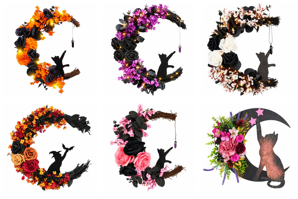Halloween Crescent Moon Cat Wreath Collection
