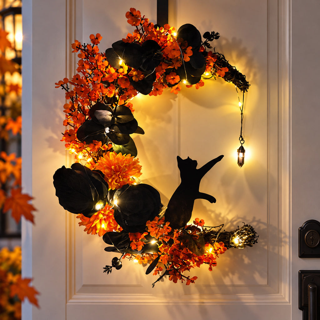 Halloween Crescent Moon Cat Wreath Collection