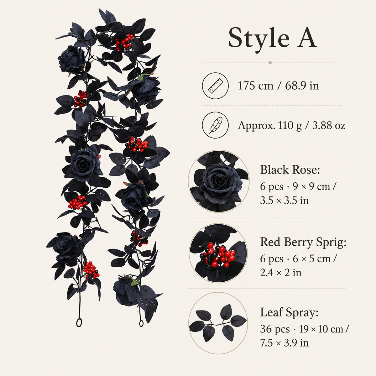 Style a black rose red berry garland specs