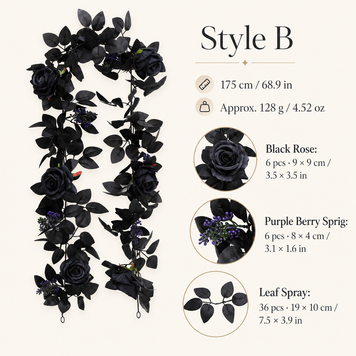 Style b black rose purple berry garland specs