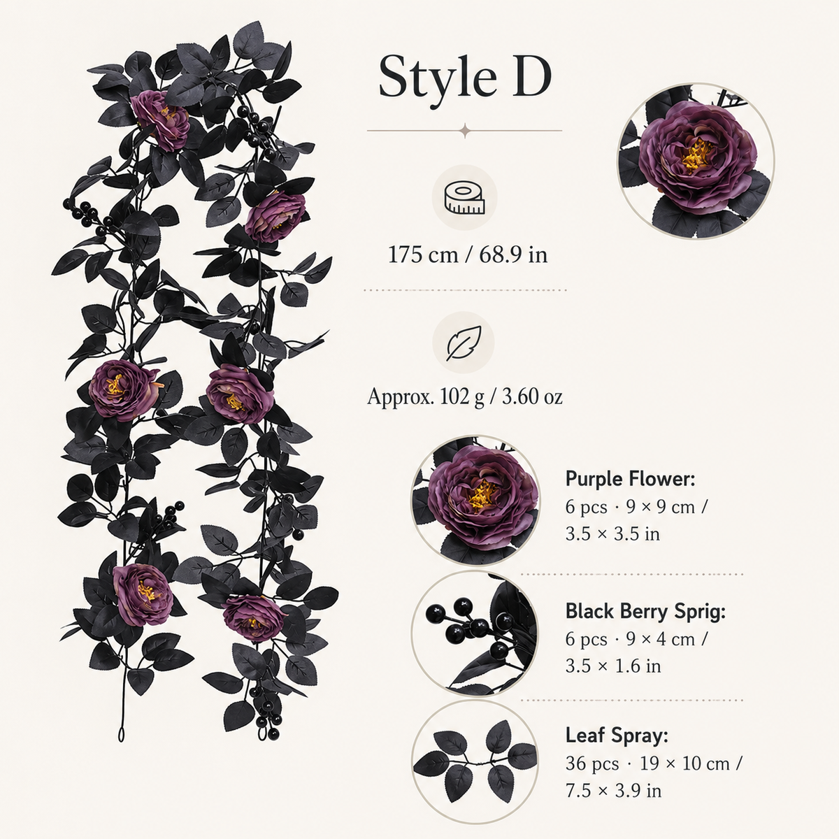 Style d purple flower black berry garland specs