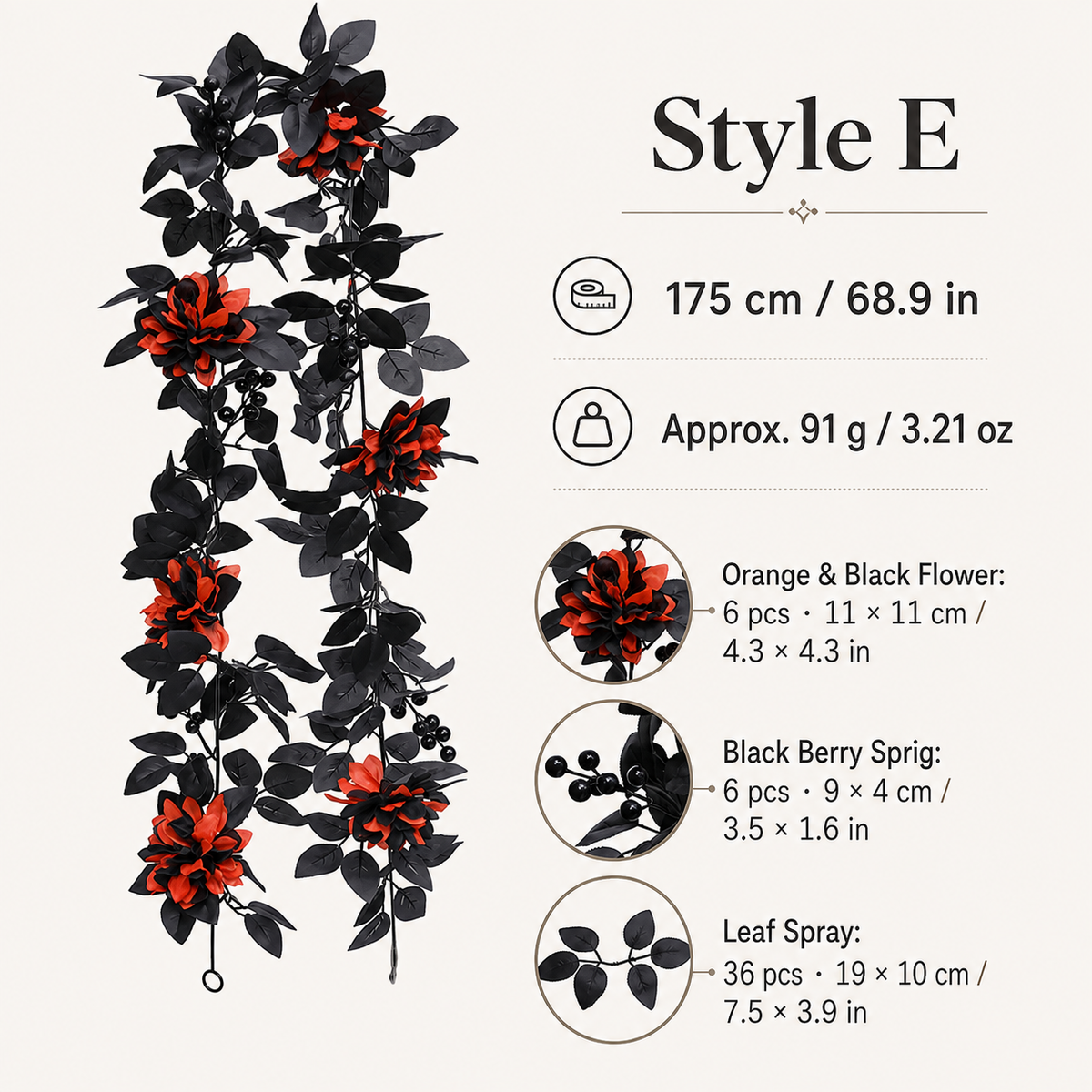 Style e orange black flower garland specs