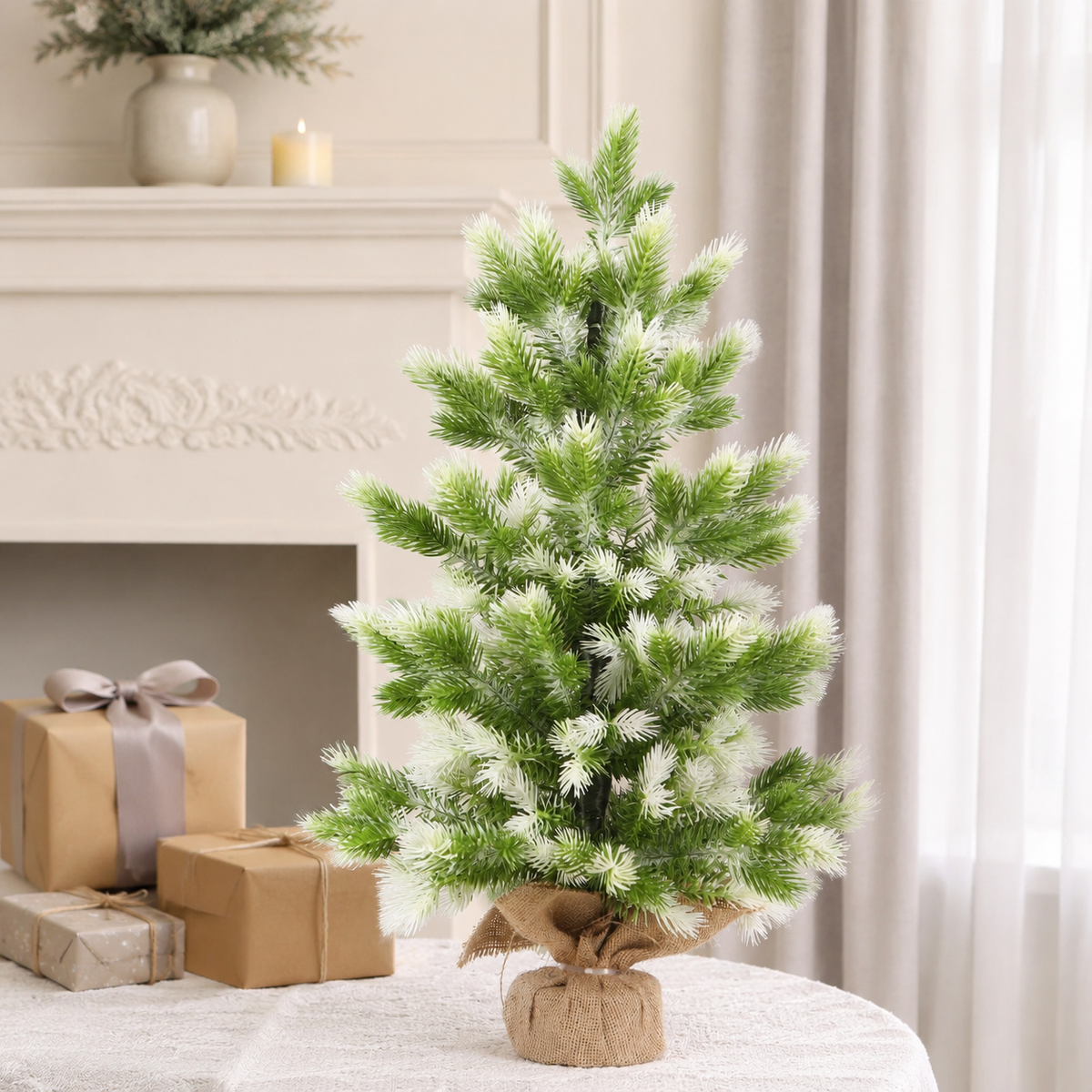 Unadorned mini flocked tree tabletop lifestyle