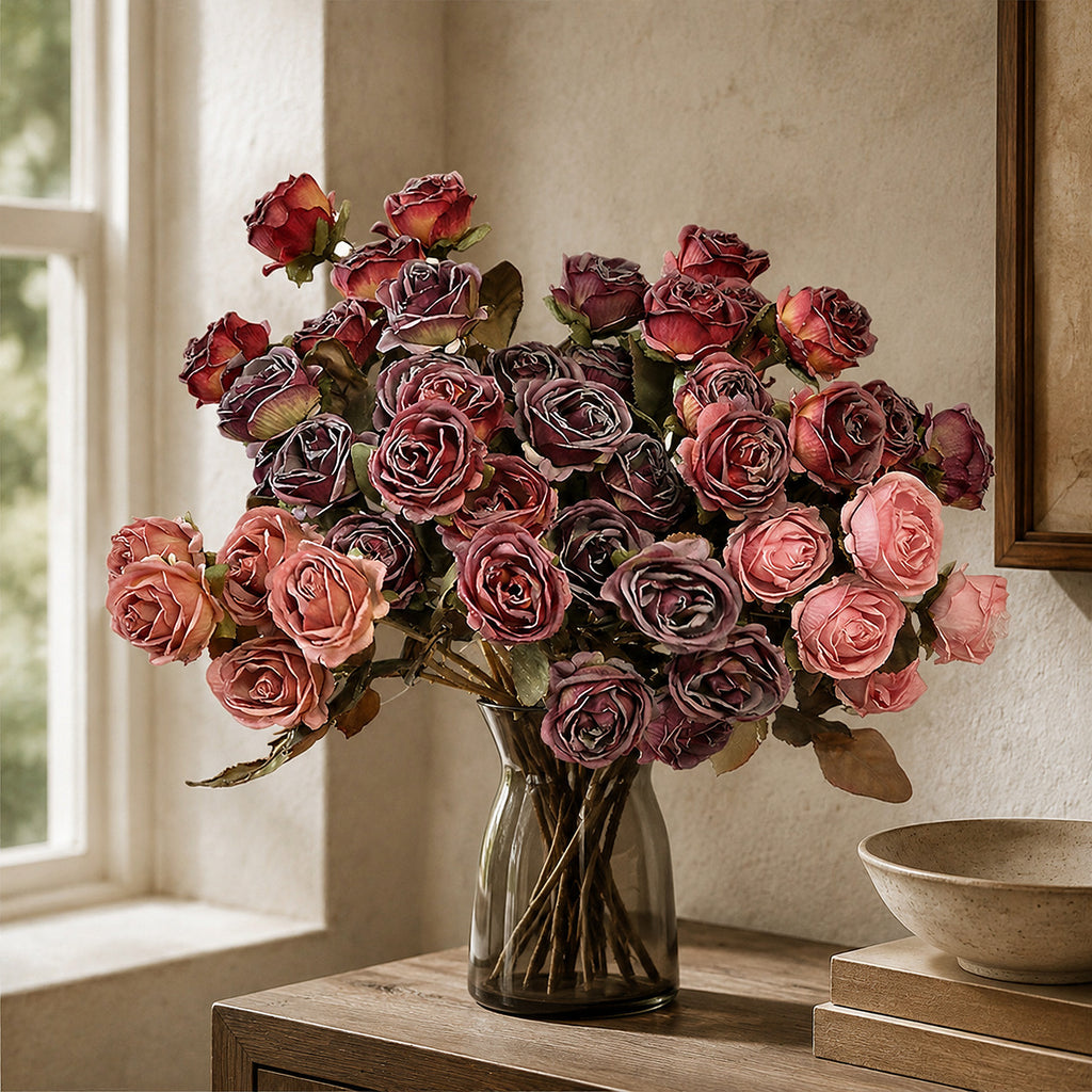 EVERIVELLE Five-Head Vintage Burnt-Edge Artificial Rose Stem