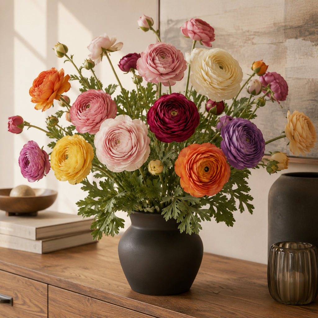 EVERIVELLE Three-Head Flocked Artificial Ranunculus Stem